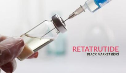 Retatrutide black market riskini ve onaysız research peptid ürünlerinin tehlikelerini gösteren uyarı görseli